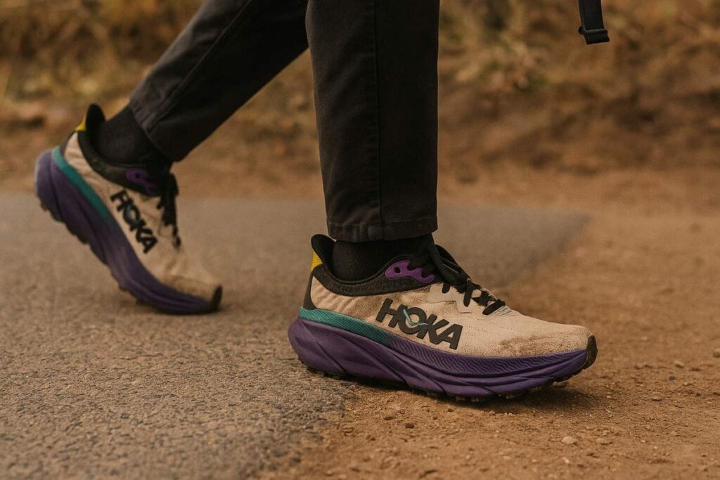 Runner wearing HOKA Challenger ATR on rolling foothill trail under overcast sky.