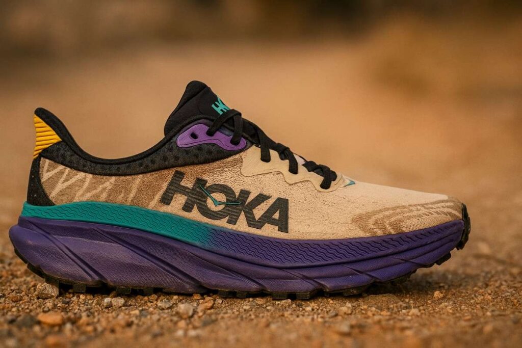 Close-up of HOKA Challenger ATR shoes on mixed dirt and grass trail in foothills.