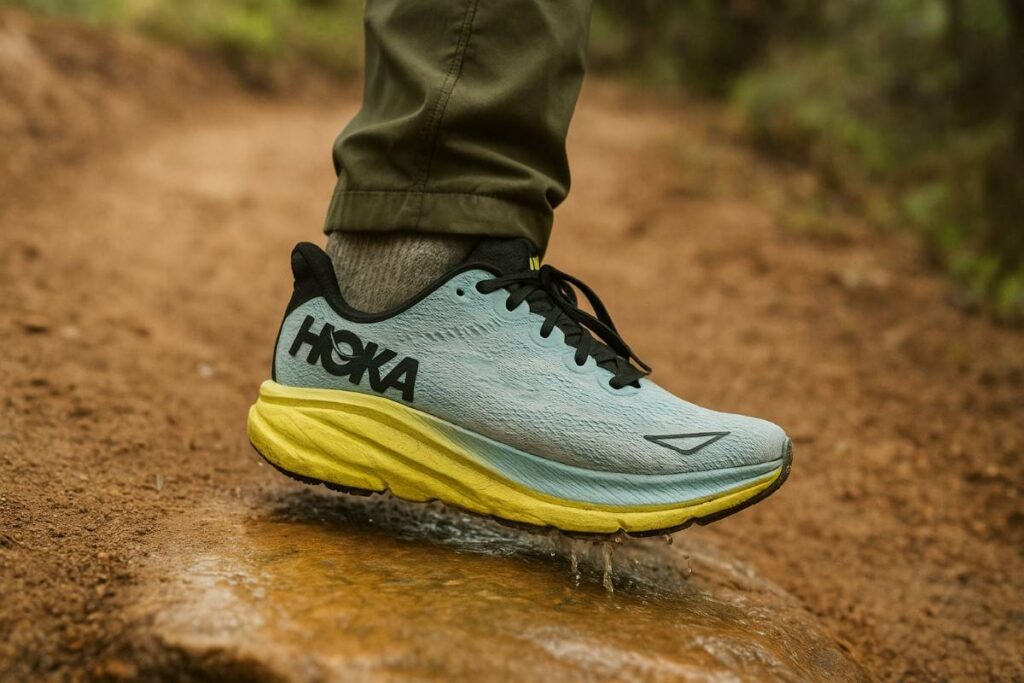 Hiker lower legs wearing HOKA Clifton 9 on packed-dirt switchback — testing heel cushioning for plantar fasciitis.