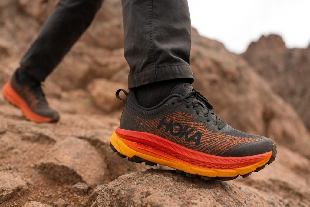 Trail runner in HOKA Mafate Speed 4 crossing wet roots on Cascade Mountains trail