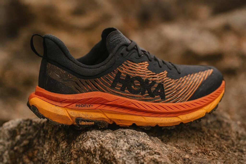 Close-up of HOKA Mafate Speed 4 shoes on muddy root-covered singletrack in Pacific Northwest forest.