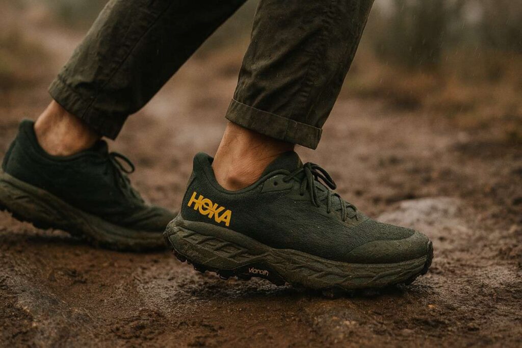 Hiker wearing HOKA Speedgoat 5 running shoes on steep granite trail in high alpine terrain.