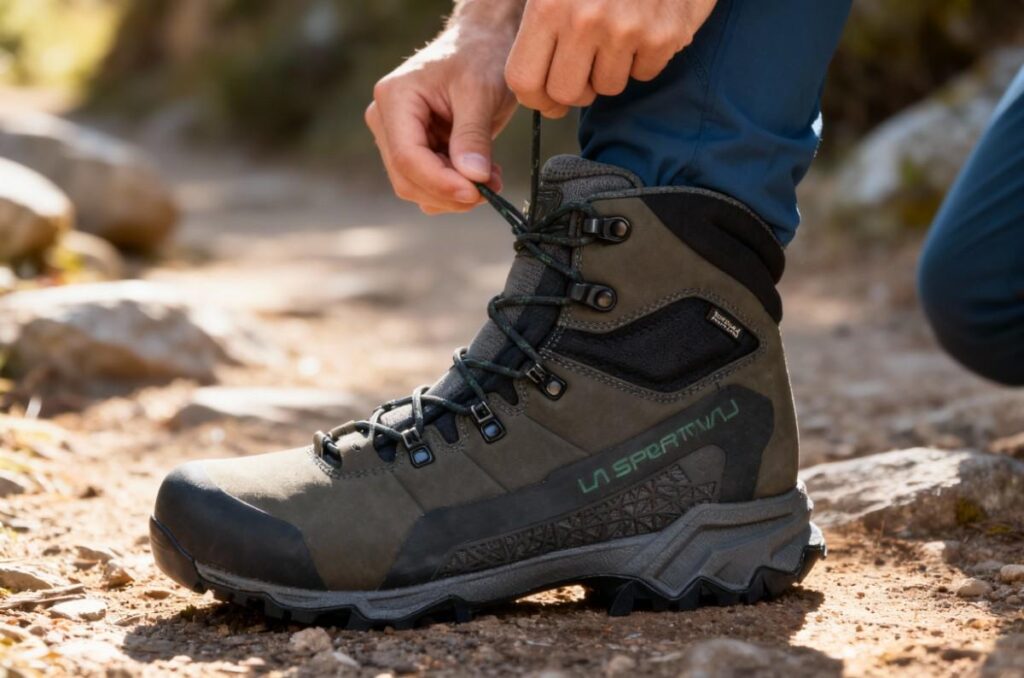 Close-up of hiker lacing La Sportiva Nucleo High II GTX