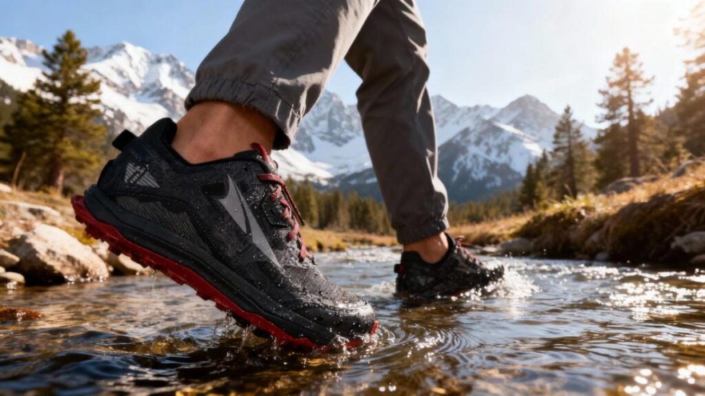 Close-up of hiker wearing Altra Lone Peak 6 and crossing water stream.