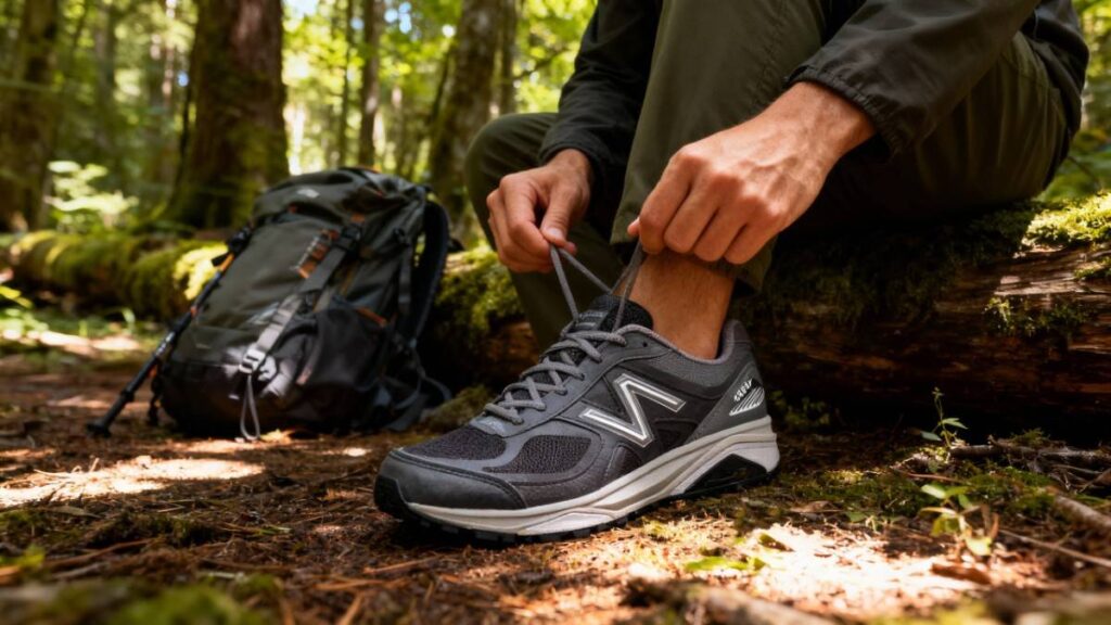 Close-up of hiker lacing up his New Balance 1540v3.