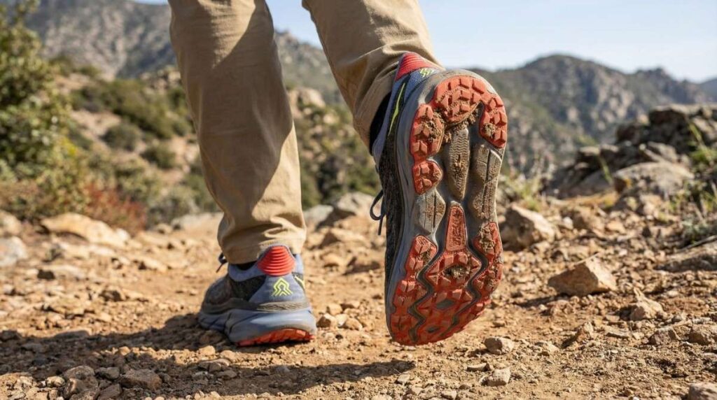 Back view of hiker walking while wearing HOKA Chellenger 7. 