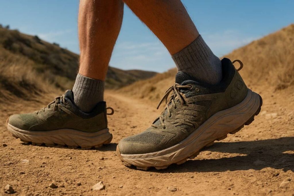 Hiker wearing Hoka Anacapa 2 Low GTX on a rolling, sunlit trail.