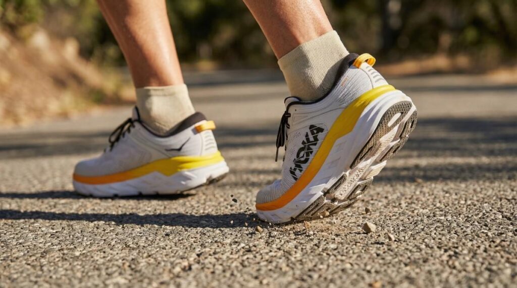 Close-up of hiker wearing best trail running shoes.