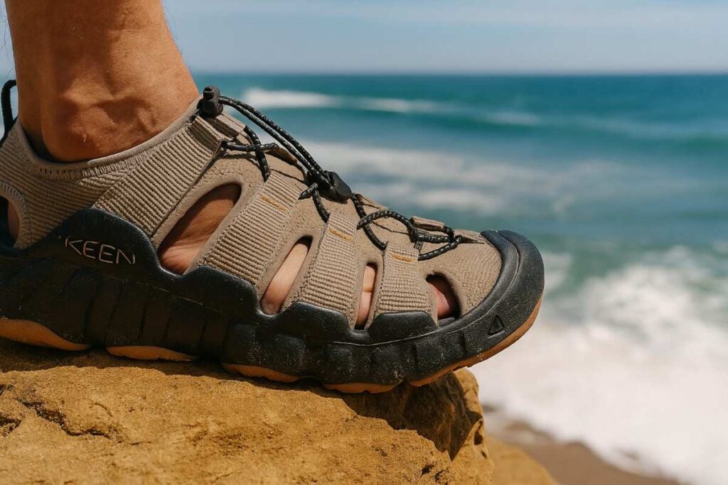 KEEN Hyperport 2 lightweight sandals on wet rocky terrain.