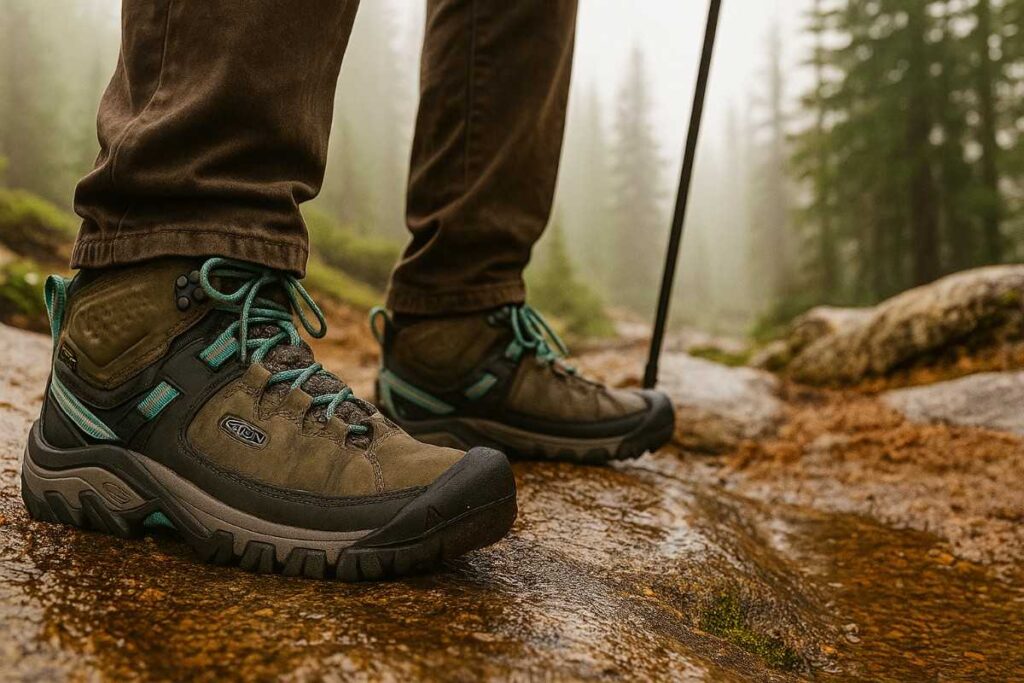 Legs shot of hiker wearing Keen Targhee III Mid Waterproof hiking boot on rocky mountain surface.