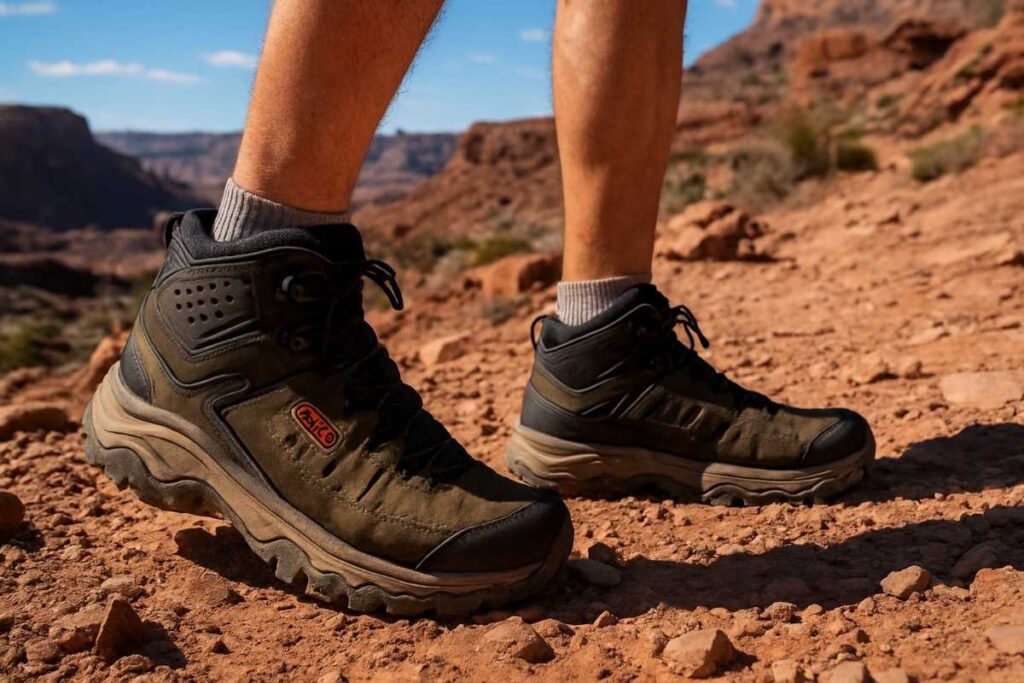 Hiker legs in Keen Targhee IV Mid on a rocky canyon trail — stable hiking boots for flat arches.