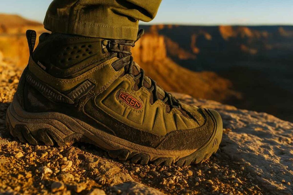 Keen Targhee IV Mid close-up on rocky canyon trail with loose gravel — roomy last, orthotic friendly.