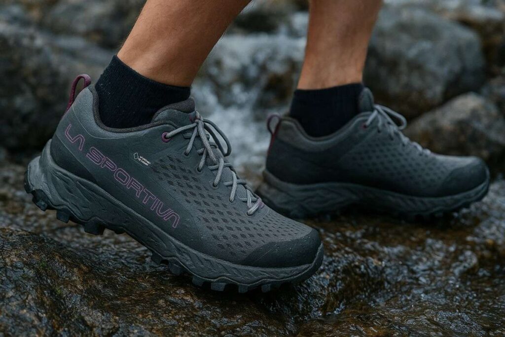 Hiker crossing alpine rocks in La Sportiva Spire GTX waterproof hiking shoes.