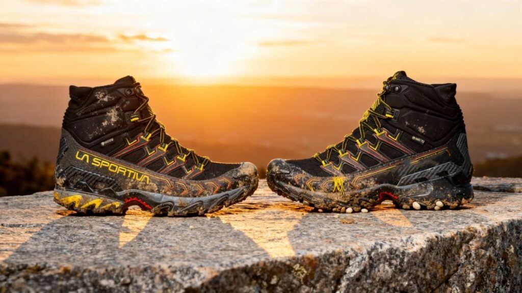 La Sportiva Ultra Raptor II Mid GTX pair placed on a rock slab.