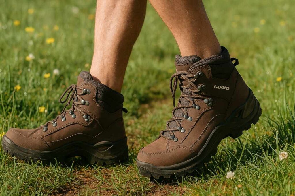 Hiker legs wearing Lowa Renegade GTX Mid walking through meadow with dew — supportive boot for long days.