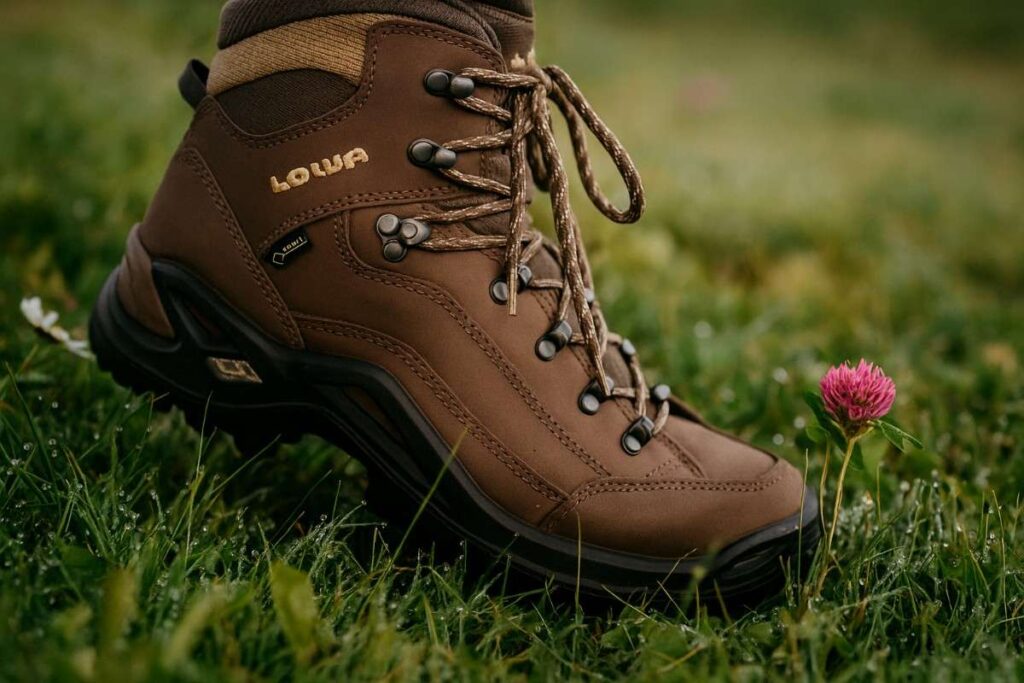 Lowa Renegade GTX Mid close-up on grassy meadow trail with wildflowers and morning dew — stable hiking boot.