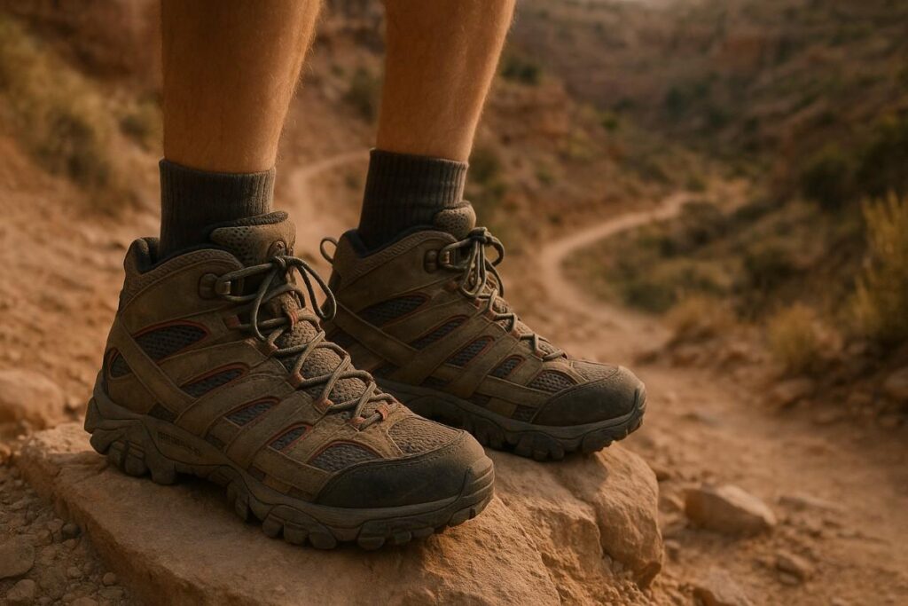Hiker legs in Merrell Moab 2 Vent mid-boots on a late-summer Colorado canyon trail with talus steps.