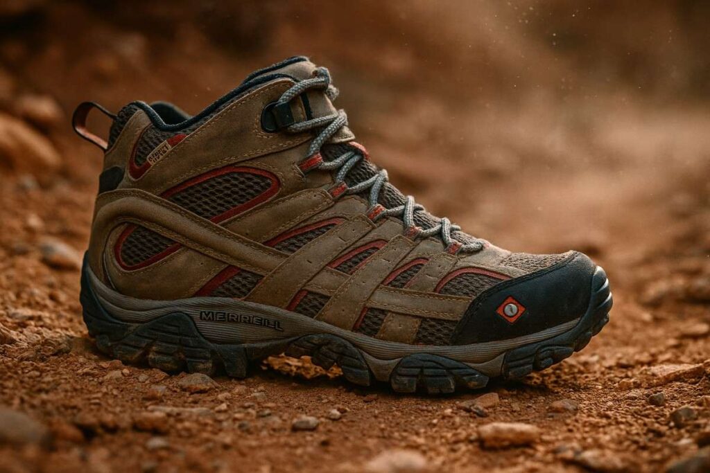 Merrell Moab 2 Vent mid-boot close-up on dusty Colorado canyon switchback ground with talus stones.