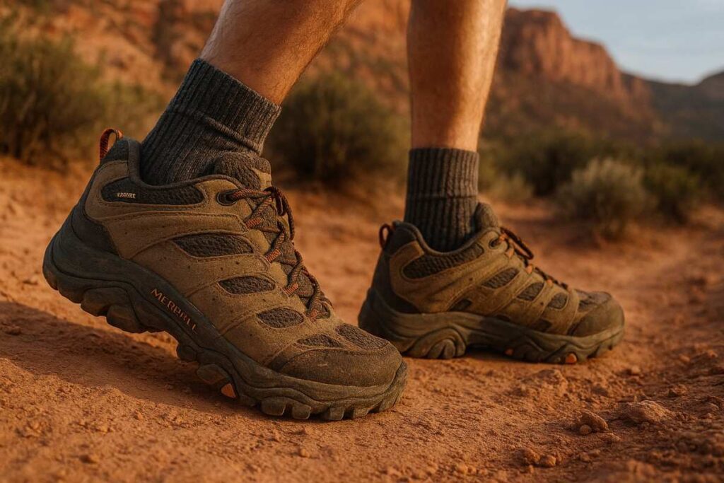 Hiker legs wearing Merrell Moab 3 boots stepping on a Utah sandstone trail at golden hour.