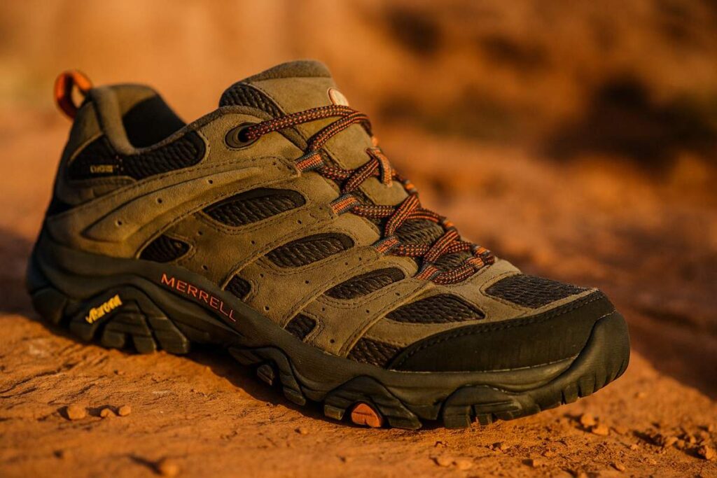Merrell Moab 3 hiking shoes close-up on sun-baked sandstone with red dust and rock chips.