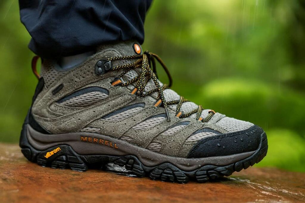 Merrell Moab 3 Mid Waterproof hiking boot displayed on rocky and muddy surface.