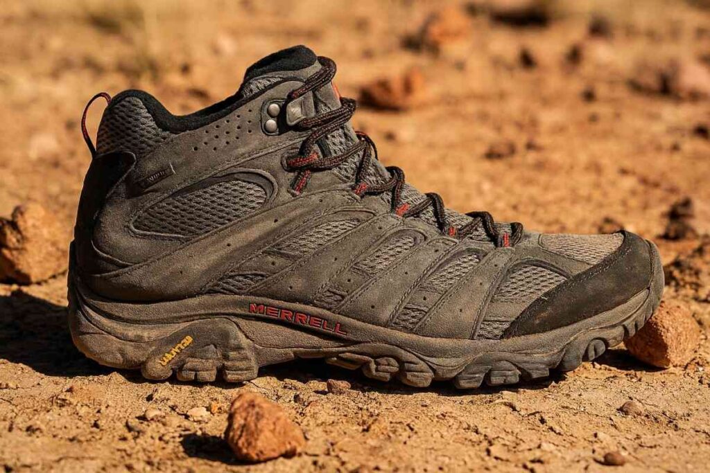 Merrell Moab 3 Mid GTX hiking boot close-up on dusty red-rock trail — durable day-hiker trail boot