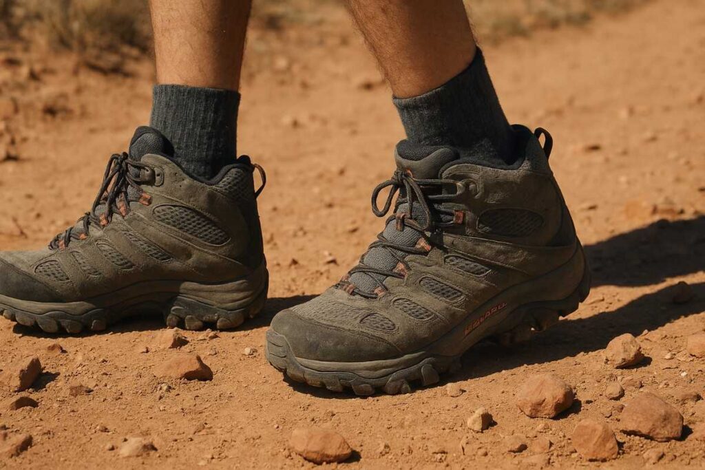 close up shot of hiker wearing Merrell Moab 3 Mid Waterproof and walking on desert sand.