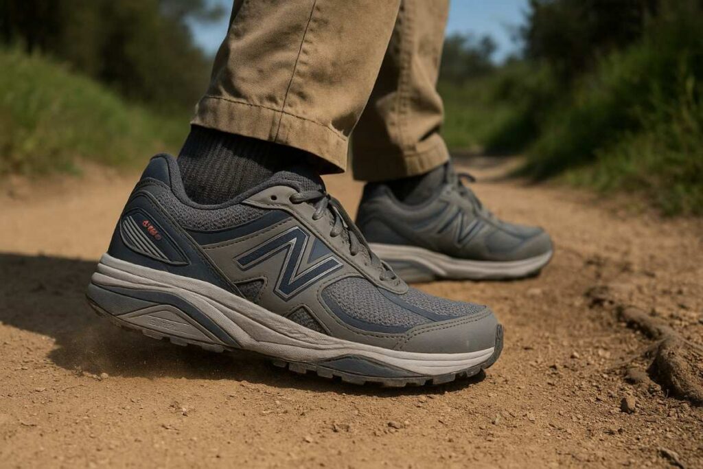 Hiker lower legs in New Balance 1540 on service road to singletrack — firm ROLLBAR support for PF and pronation control.