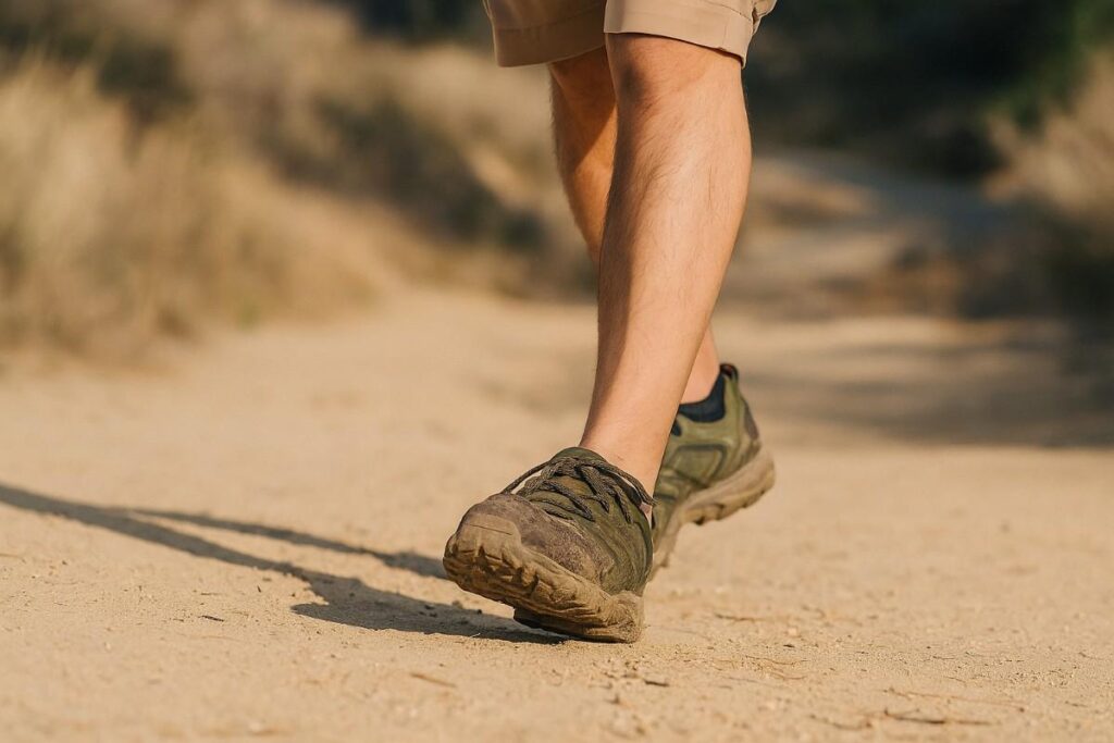 Hiker legs in Nortiv 8 shoes on a local foothill loop with compact dirt and short rocky approaches.