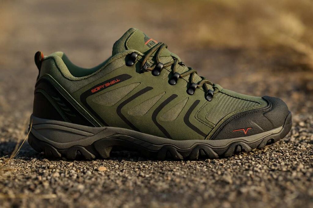 Nortiv 8 lightweight hiking shoes close-up on a suburban packed-gravel trail with small pebbles.