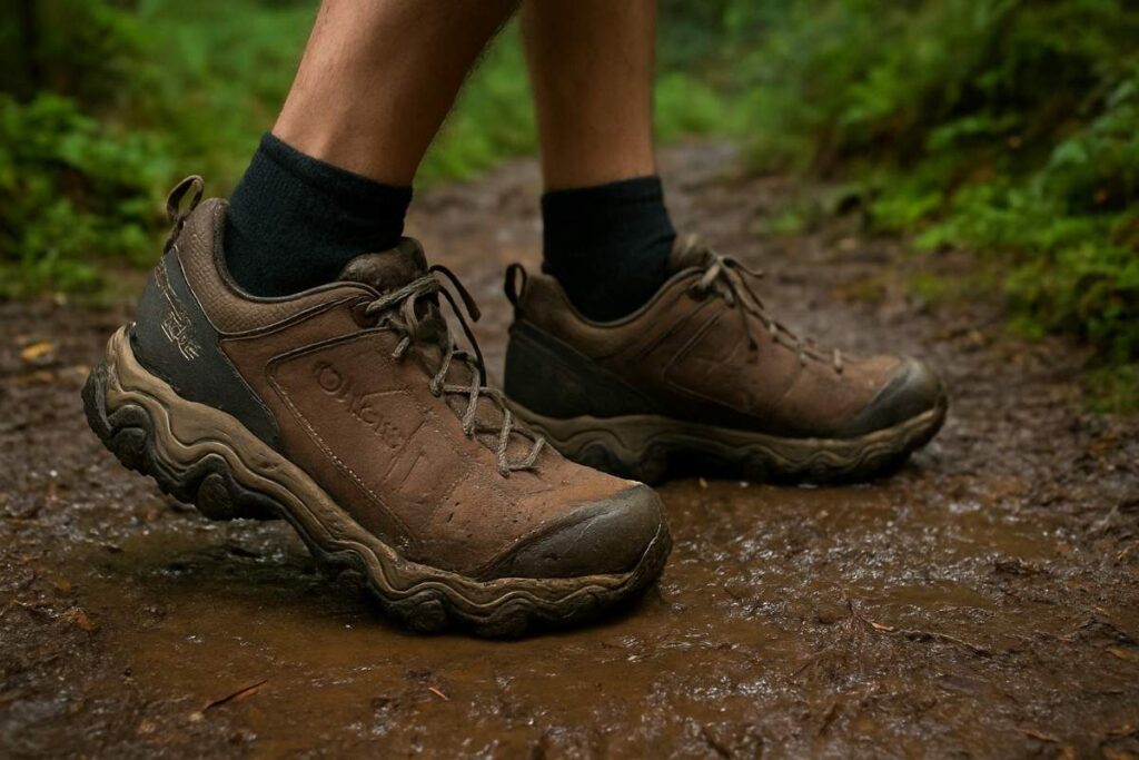 Hiker testing Oboz Bridger Low B-DRY shoes on muddy woodland terrain.