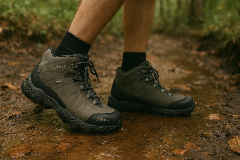Hiker testing Oboz Bridger Mid B-DRY boots while crossing a muddy forest creek.