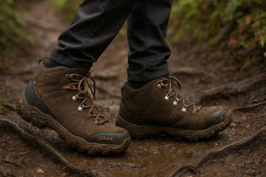 Hiker legs in Oboz Bridger Mid Waterproof on a wet Cascade trail with stream skims.