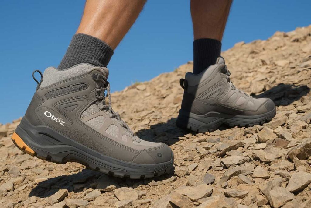 Hiker legs in Oboz Katabatic Mid trekking a dry rocky ridge with scattered shale — rock-plate protection boot.