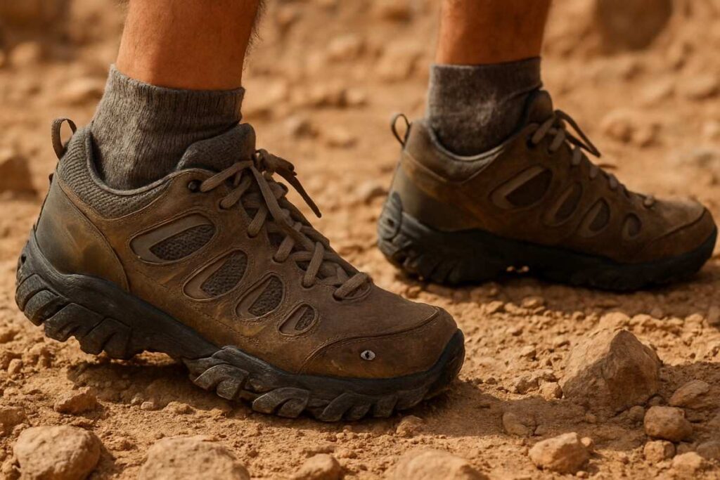 Hiker wearing Oboz Sawtooth X Low Waterproof shoes walking across dusty, rocky terrain.