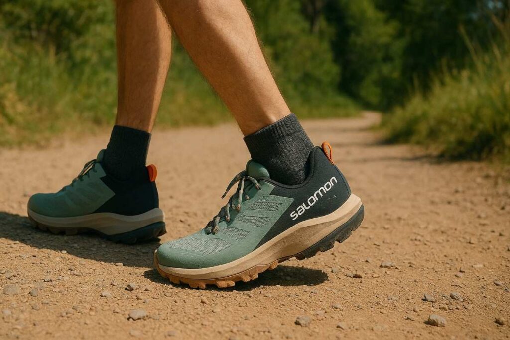 Hiker walking light gravel trail in Salomon Outpulse lightweight hiking shoes.