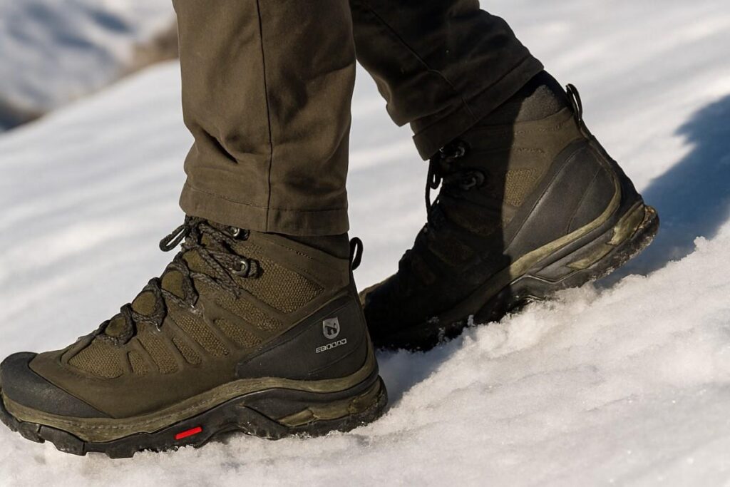 Hiker legs wearing Salomon Quest 4 GTX trekking across snow-covered alpine slope — heavy-load stability.