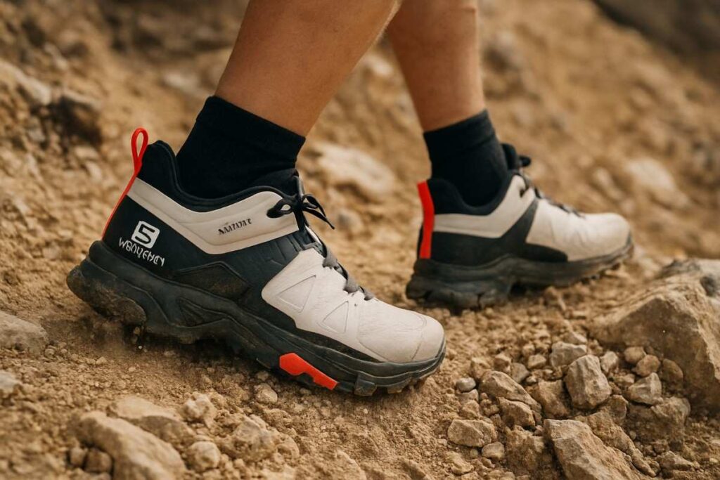 Hiker descending rocky trail in Salomon X Ultra 4 GTX hiking shoes.
