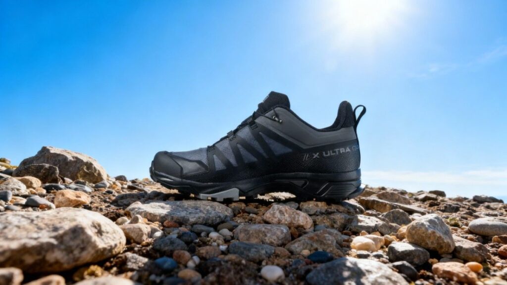 Salomon X Ultra 4 GTX placed on rocks.
