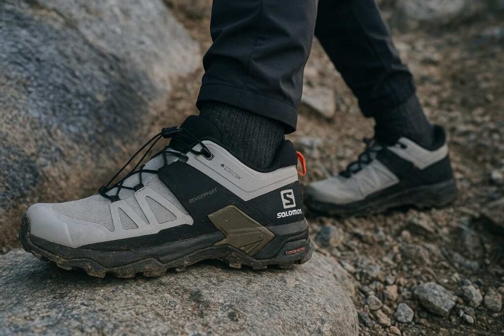 Lower legs in Salomon X Ultra 4 Low on steep rocky switchback — torsional control reducing plantar fascia strain.