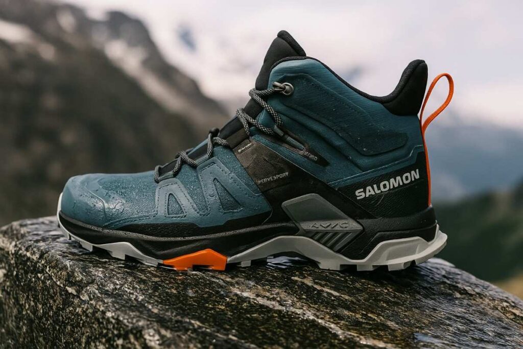 Salomon X Ultra 4 Mid GTX close-up on wet granite slab — waterproof technical hiking boot.