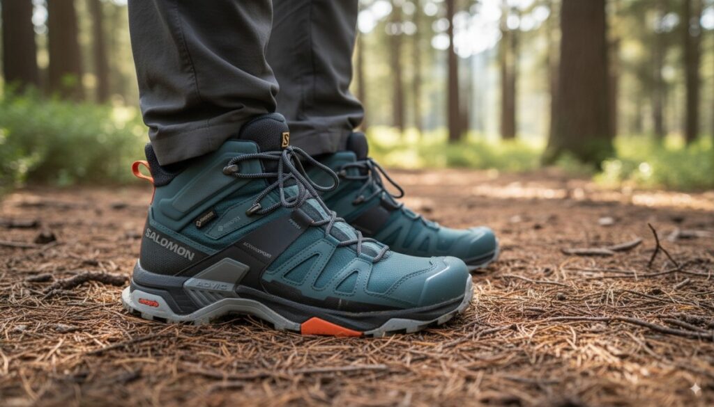 Close-up of hiker wearing best hiking boots for flat feet.