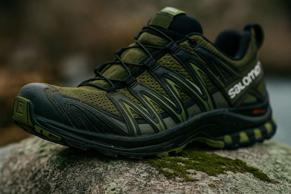 Close-up of Salomon XA Pro 3D GTX shoes on damp technical trail with slick rocks.