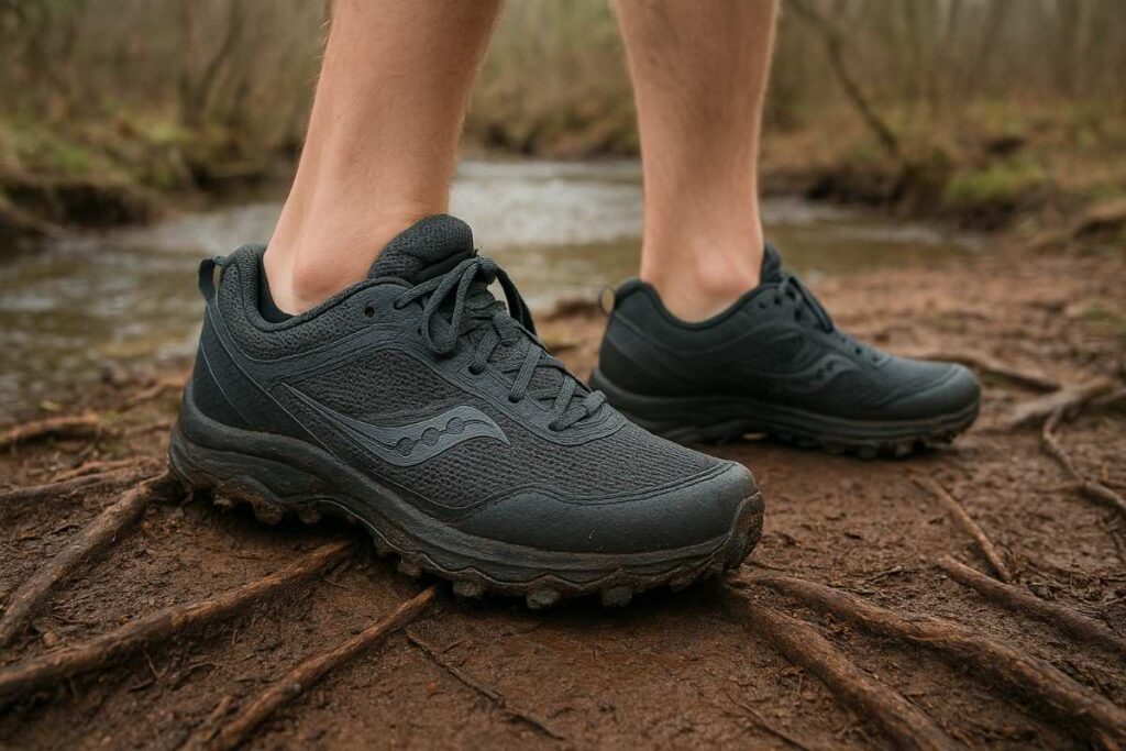 Hiker legs in Saucony Excursion TR16 shoes navigating a wet, rooty Blue Hills singletrack.