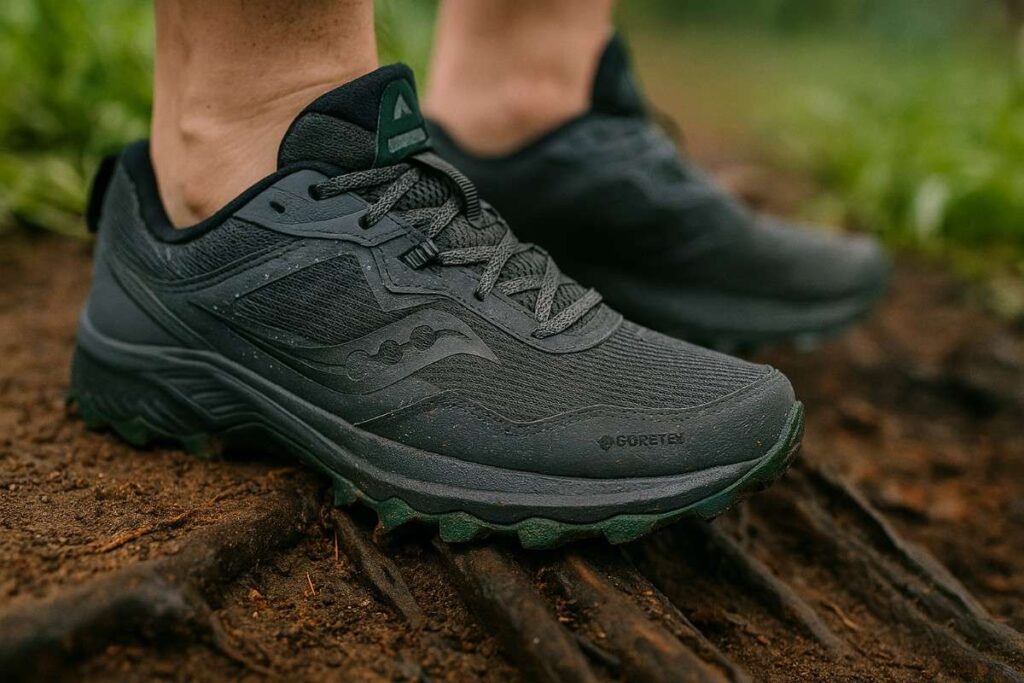 Saucony Excursion TR16 close-up on muddy, root-strewn singletrack with morning dew on the mesh.