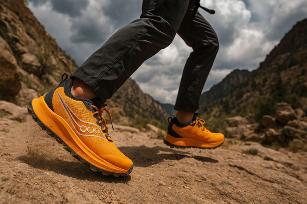 Trail runner in Saucony Peregrine 15 climbing gravelly ridge in summer heat.