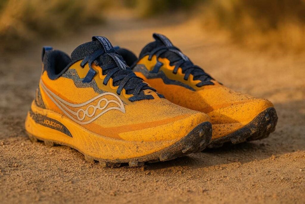 Pair of Saucony Peregrine 15 placed on a muddy trail.