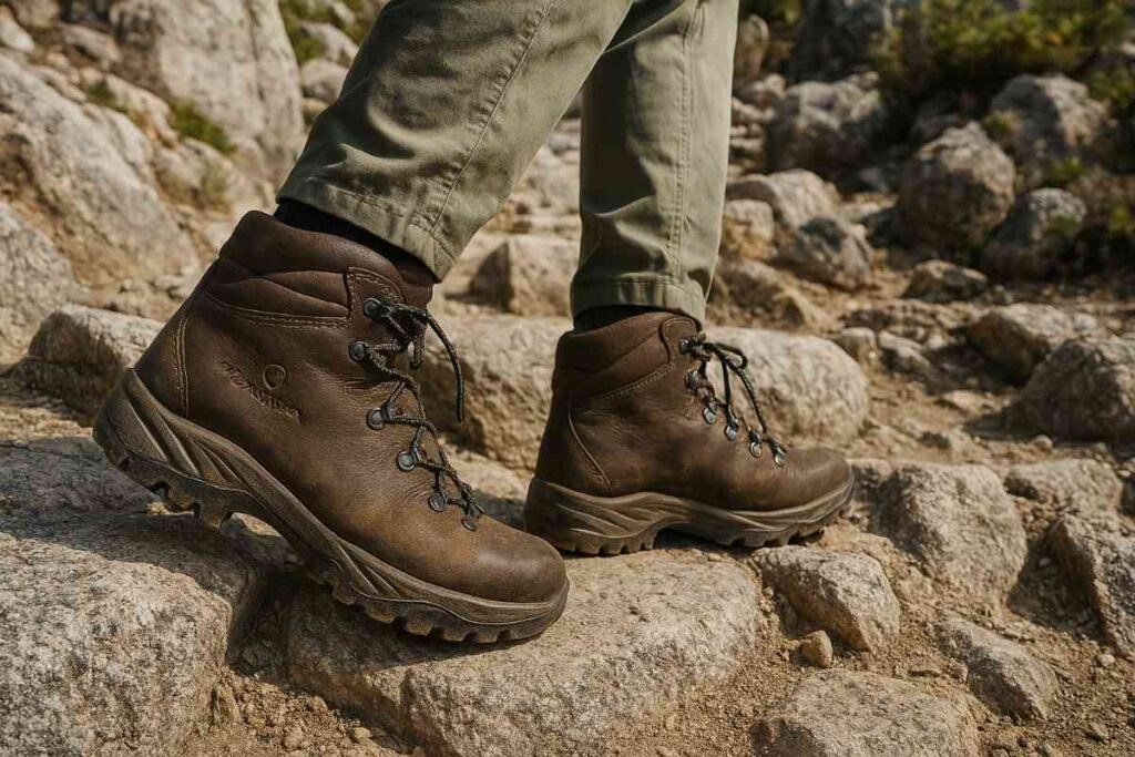 Hiker wearing Scarpa Terra GTX boots trekking across grassy hillside.