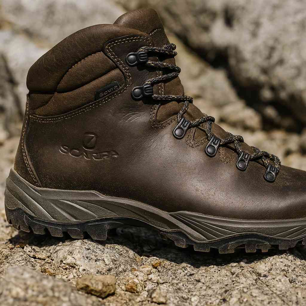 Scarpa Terra GTX leather hiking boots on grassy hillside trail.