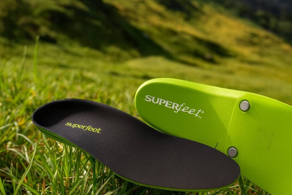 Superfeet GREEN insole with high arch support and deep heel cup for all-day comfort.